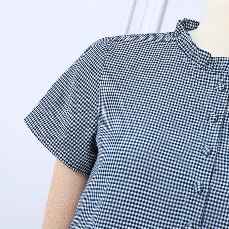 (image for)  Women Loose Patchwork Check Floral Dress Stylish Short Sleeve Pleated Crew Neck Shirt Dress for Women Plus Size