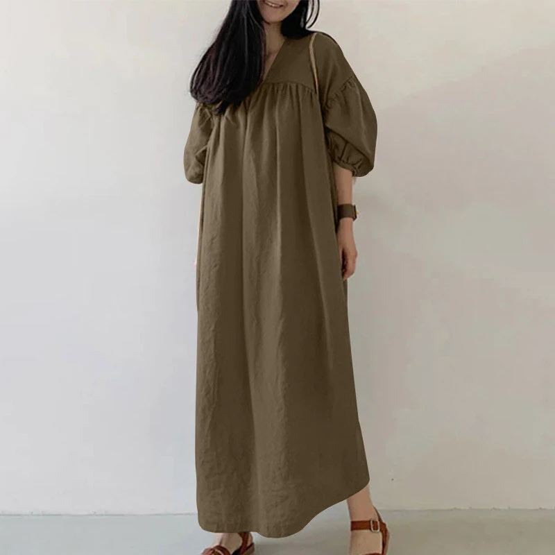 (image for)  Women Maxi Dresses Solid Color Seven-quarter Length Lantern Sleeves Long Dresses Plus Size Women Dresses