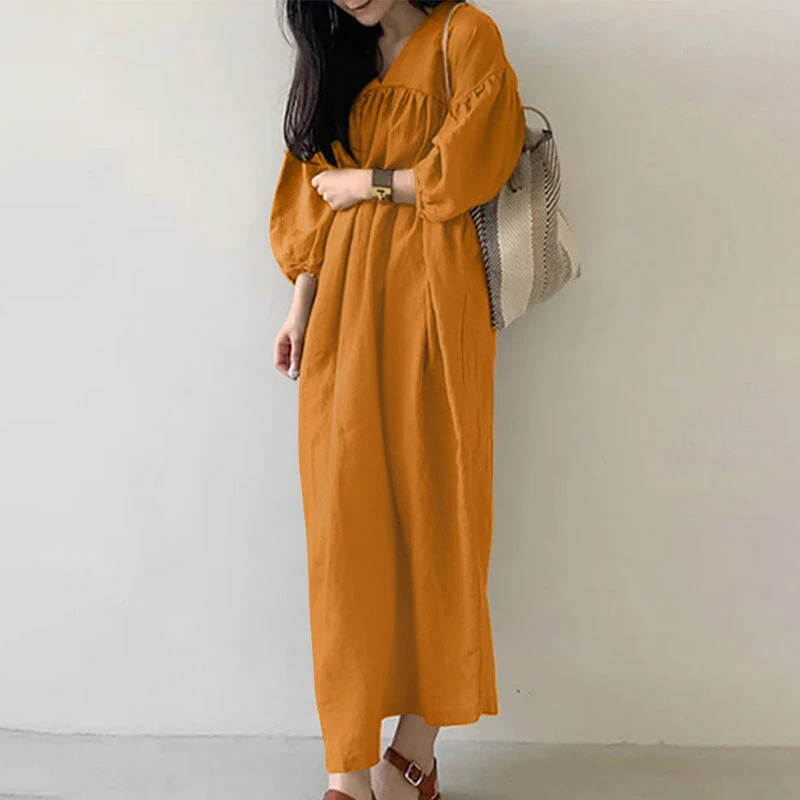 (image for)  Women Maxi Dresses Solid Color Seven-quarter Length Lantern Sleeves Long Dresses Plus Size Women Dresses