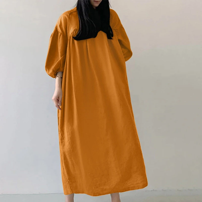 (image for)  Women Maxi Dresses Solid Color Seven-quarter Length Lantern Sleeves Long Dresses Plus Size Women Dresses