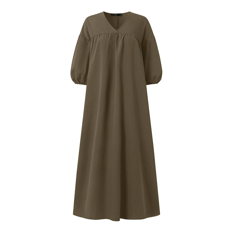 (image for)  Women Maxi Dresses Solid Color Seven-quarter Length Lantern Sleeves Long Dresses Plus Size Women Dresses