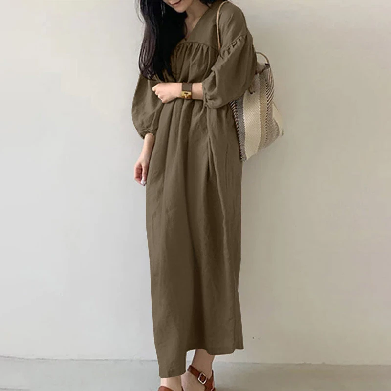 (image for)  Women Maxi Dresses Solid Color Seven-quarter Length Lantern Sleeves Long Dresses Plus Size Women Dresses