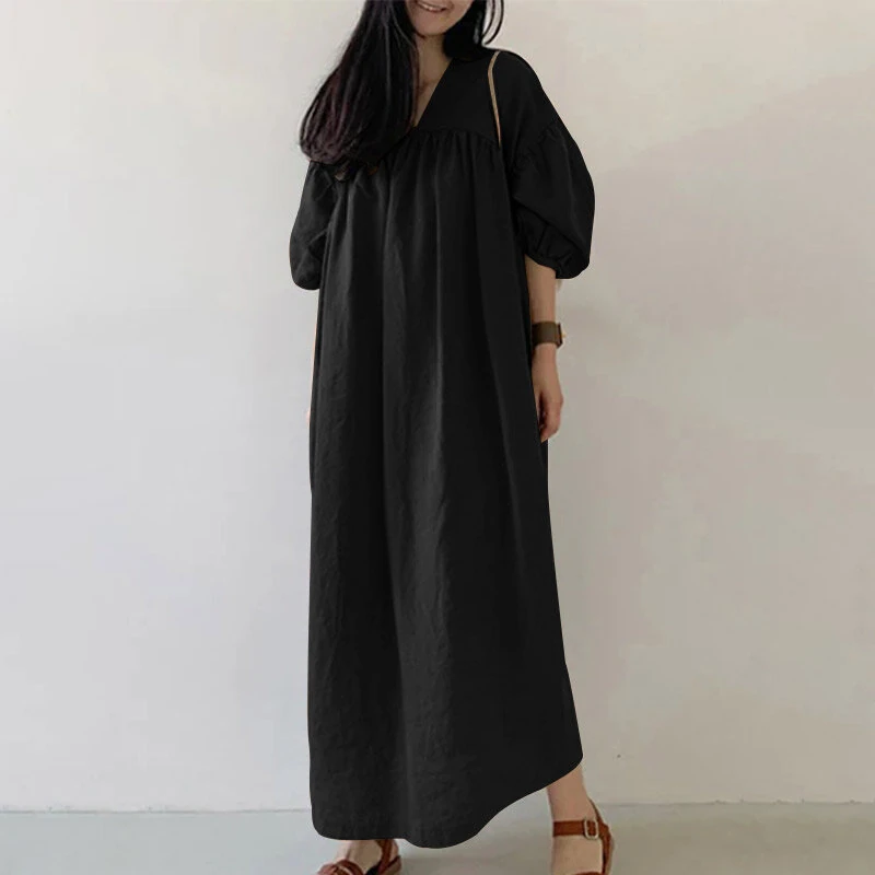 (image for)  Women Maxi Dresses Solid Color Seven-quarter Length Lantern Sleeves Long Dresses Plus Size Women Dresses