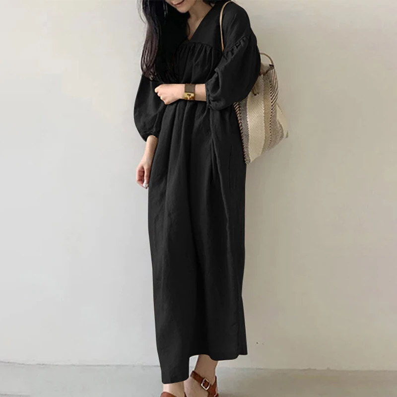 (image for)  Women Maxi Dresses Solid Color Seven-quarter Length Lantern Sleeves Long Dresses Plus Size Women Dresses