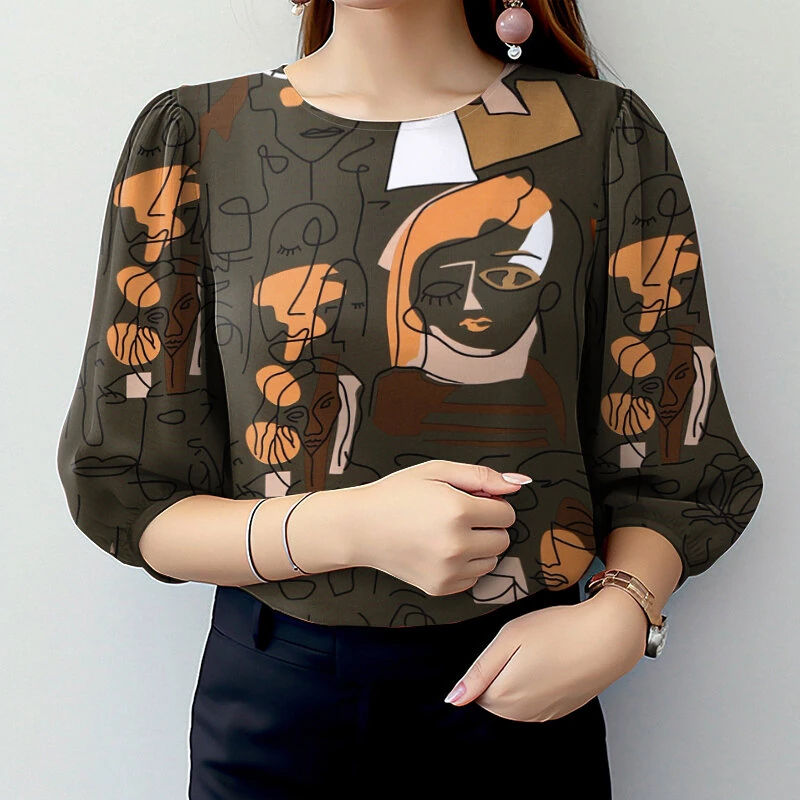 (image for)  Women OL Work Elegant Blouses ShirtCrew Neck 3/4 Sleeve Printed Elegant Ladylike Tops Shirt