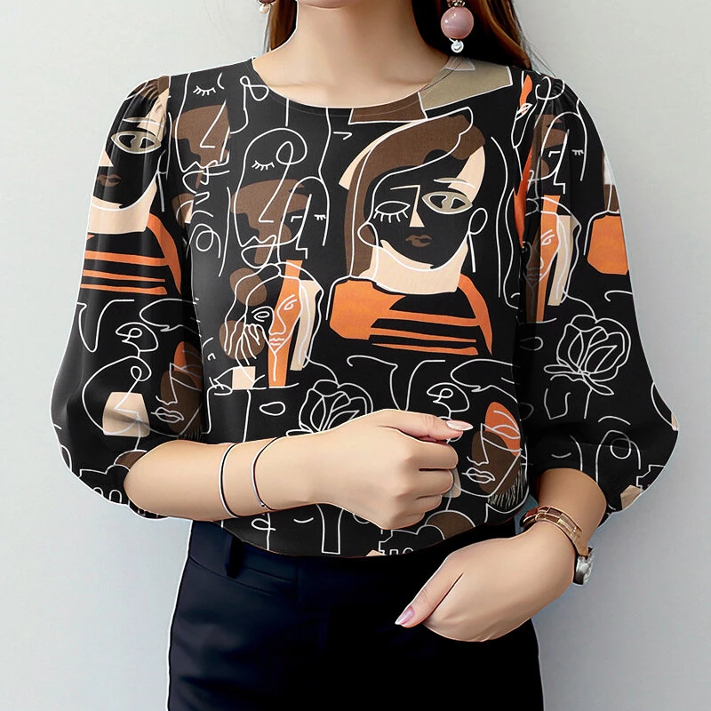 (image for)  Women OL Work Elegant Blouses ShirtCrew Neck 3/4 Sleeve Printed Elegant Ladylike Tops Shirt