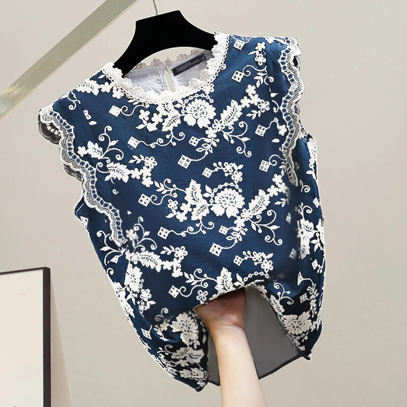 (image for)  Women Patchwork Lace Print Loose Fit Tank Top Comftable Sleeveless Floral Vest Summer Daily Top for Women
