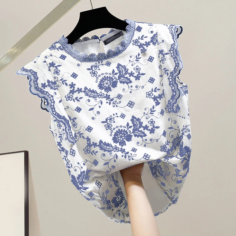 (image for)  Women Patchwork Lace Print Loose Fit Tank Top Comftable Sleeveless Floral Vest Summer Daily Top for Women