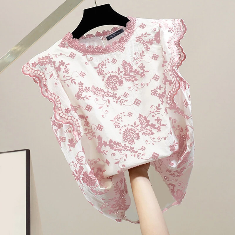 (image for)  Women Patchwork Lace Print Loose Fit Tank Top Comftable Sleeveless Floral Vest Summer Daily Top for Women