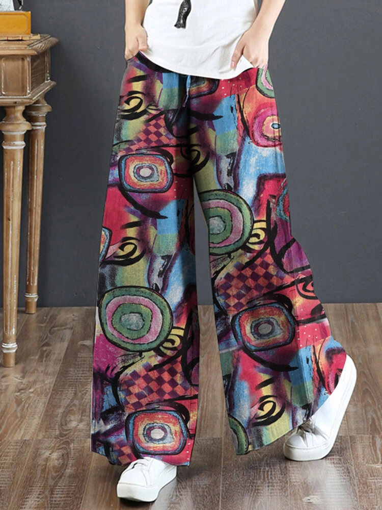 (image for)  Women Plus Size Flared Wide-Leg Floral Printed Retro Side Pockets Pants