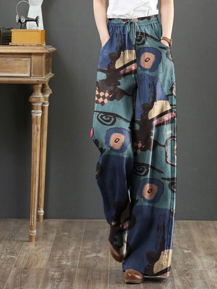 (image for)  Women Plus Size Flared Wide-Leg Floral Printed Retro Side Pockets Pants