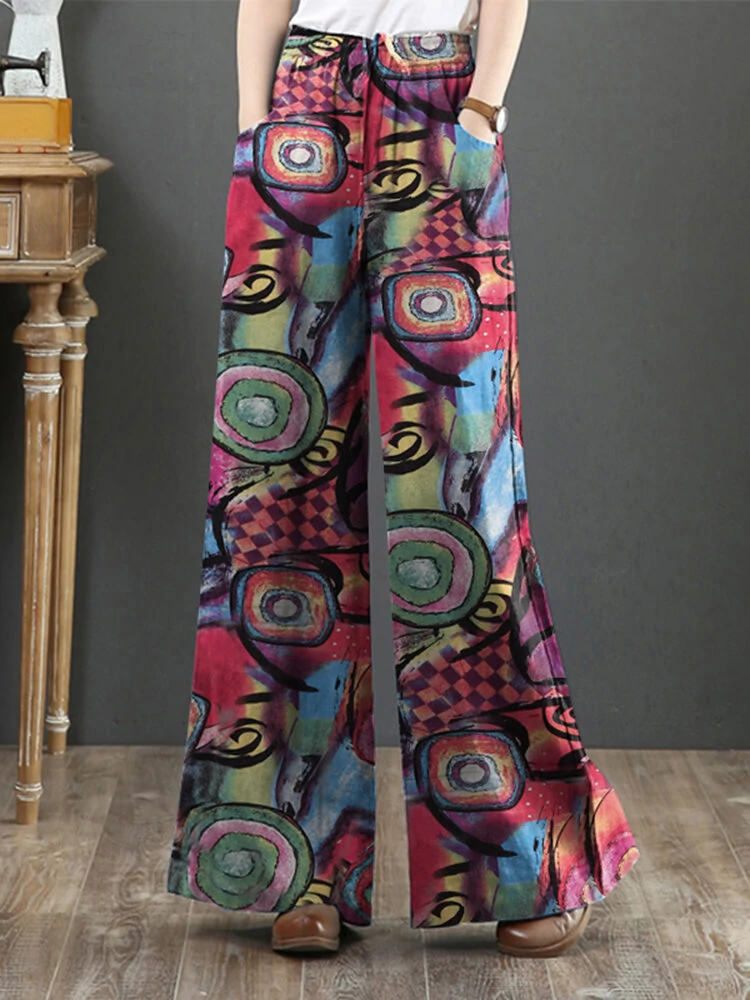 (image for)  Women Plus Size Flared Wide-Leg Floral Printed Retro Side Pockets Pants
