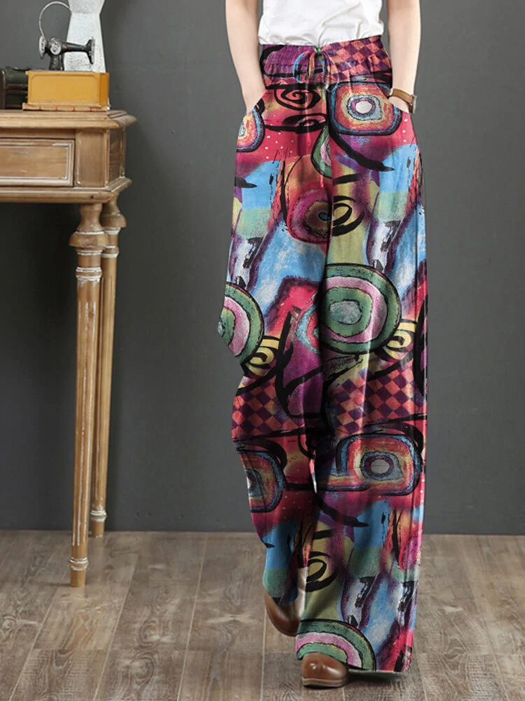 (image for)  Women Plus Size Flared Wide-Leg Floral Printed Retro Side Pockets Pants