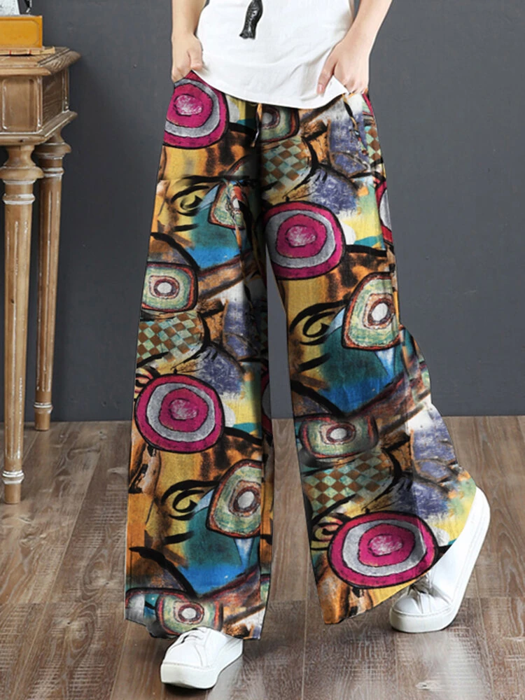 (image for)  Women Plus Size Flared Wide-Leg Floral Printed Retro Side Pockets Pants
