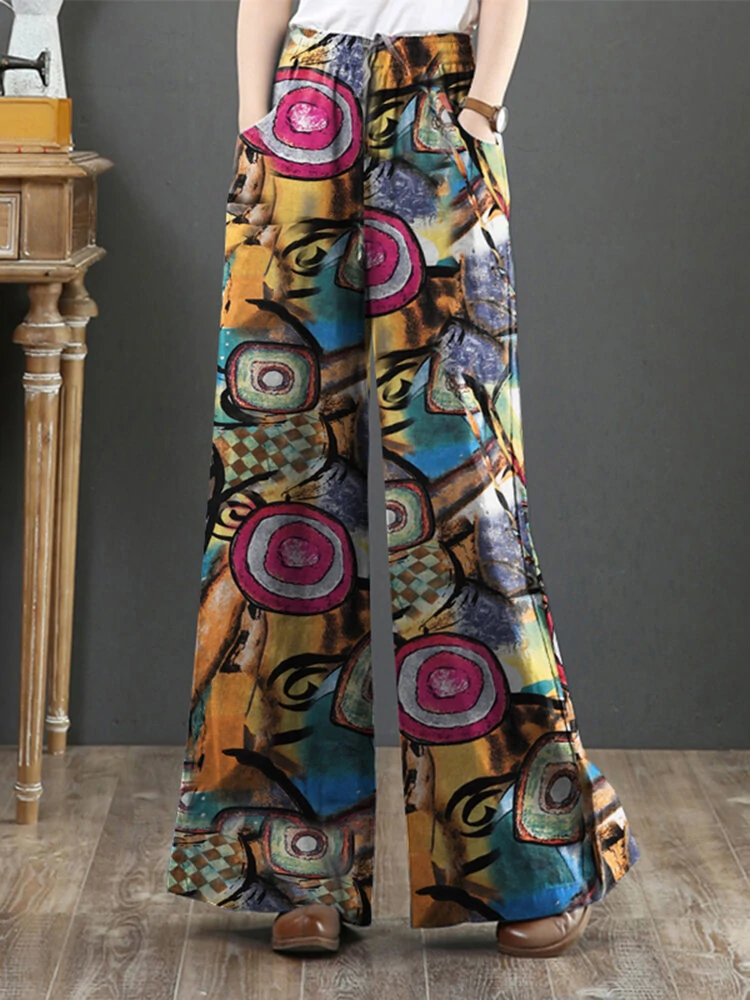 (image for)  Women Plus Size Flared Wide-Leg Floral Printed Retro Side Pockets Pants