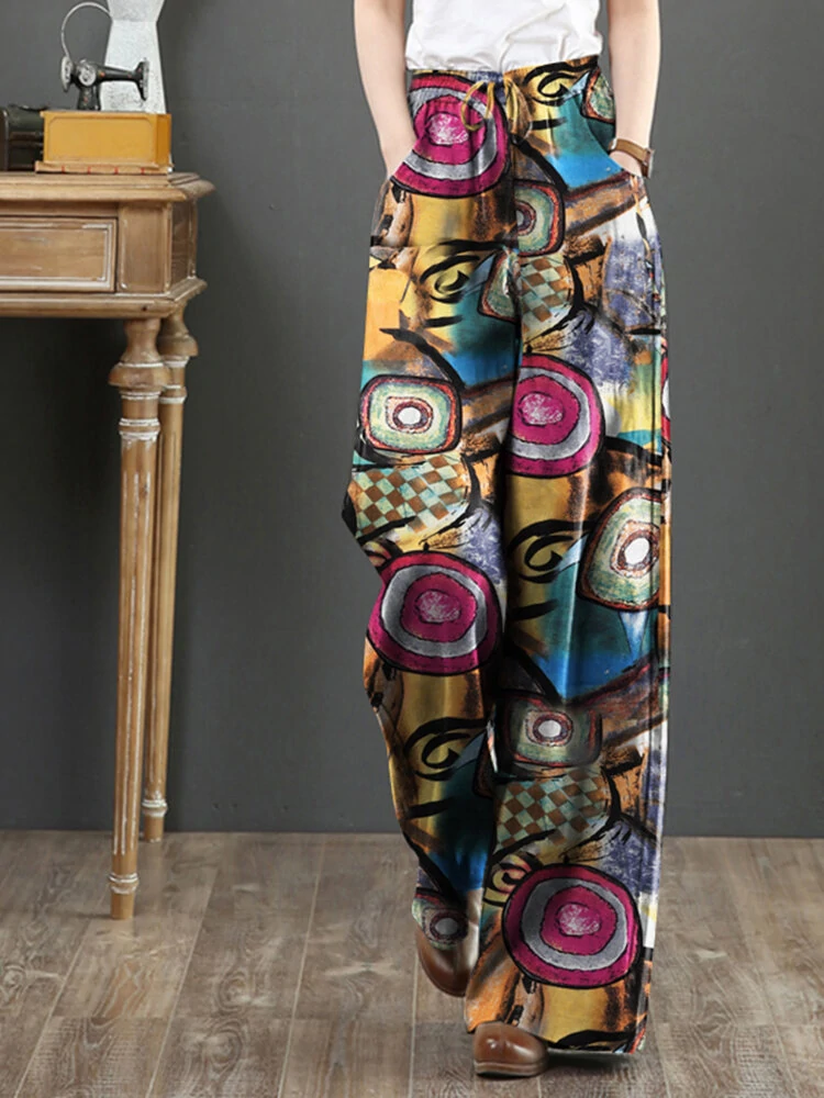 (image for)  Women Plus Size Flared Wide-Leg Floral Printed Retro Side Pockets Pants