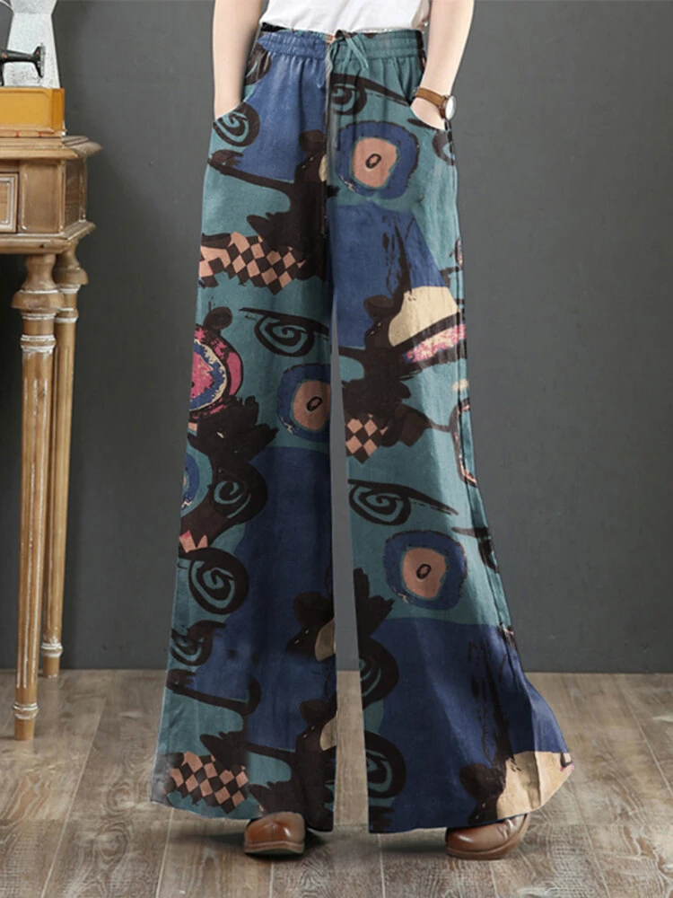 (image for)  Women Plus Size Flared Wide-Leg Floral Printed Retro Side Pockets Pants