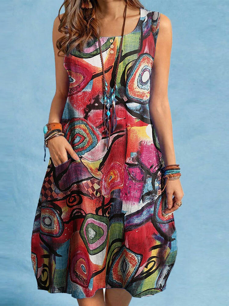 (image for)  Women Plus Size Abstract Painted Button Pocket Sleeveless Casual Beach Midi Dress