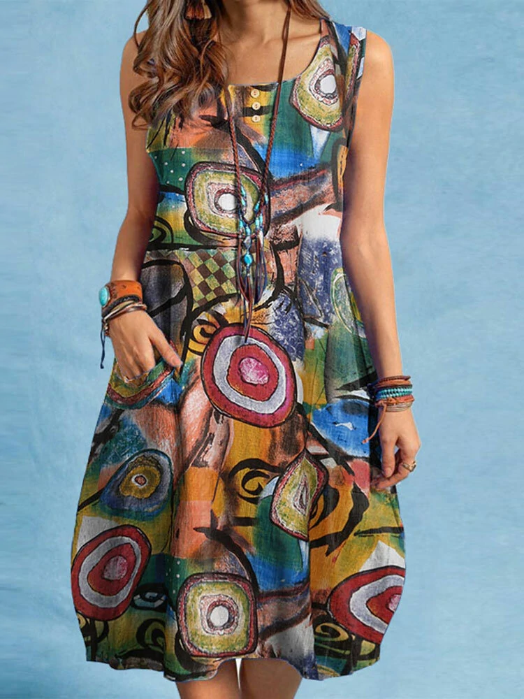 (image for)  Women Plus Size Abstract Painted Button Pocket Sleeveless Casual Beach Midi Dress