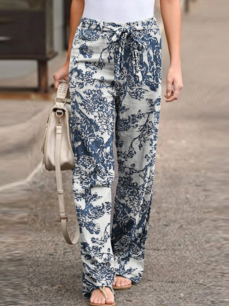 (image for)  Women Plus Size Casual Cotton Linen Retro Floral Print Elastic Waist Straight Pants with Side Pockets
