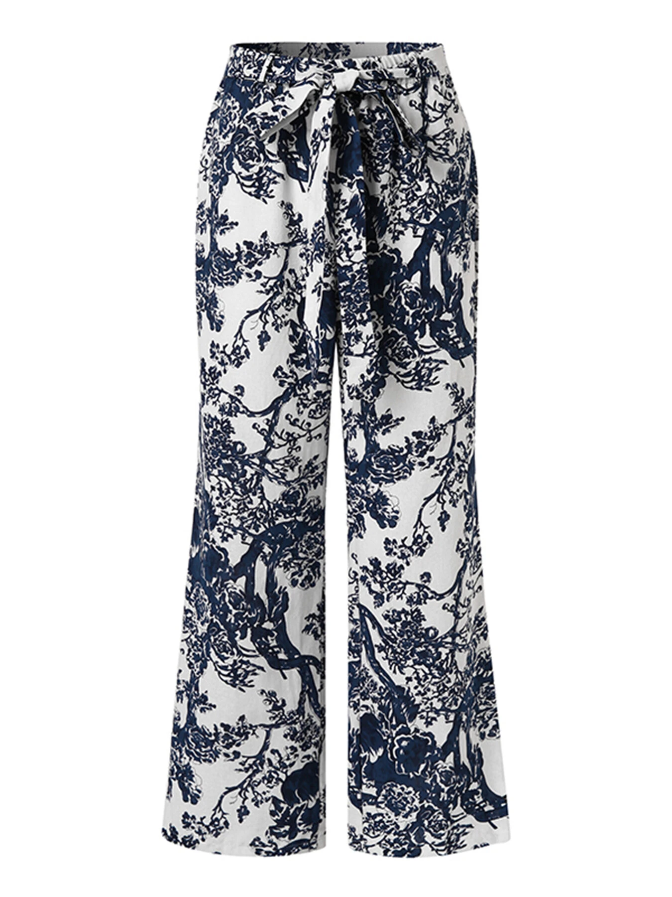 (image for)  Women Plus Size Casual Cotton Linen Retro Floral Print Elastic Waist Straight Pants with Side Pockets