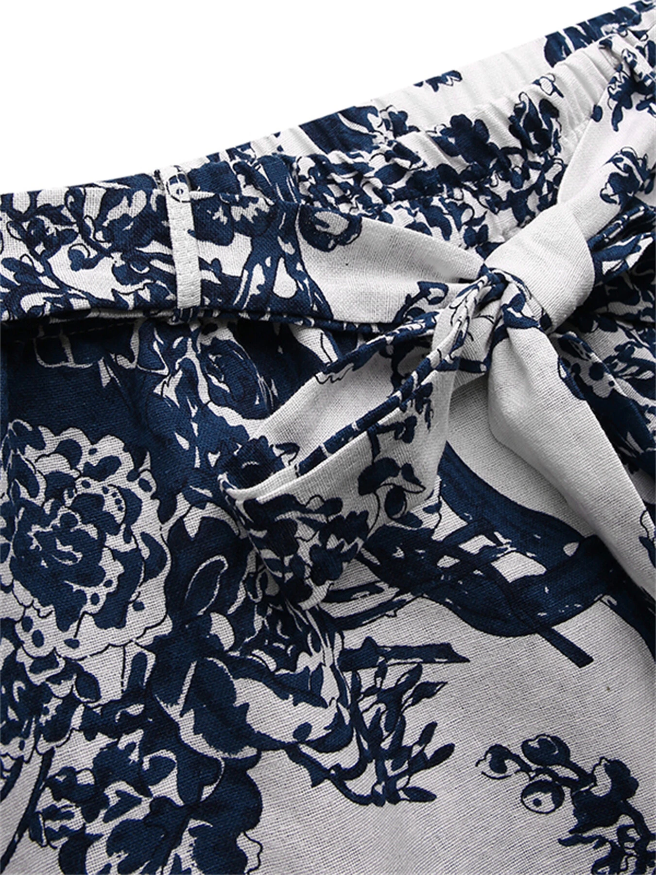 (image for)  Women Plus Size Casual Cotton Linen Retro Floral Print Elastic Waist Straight Pants with Side Pockets