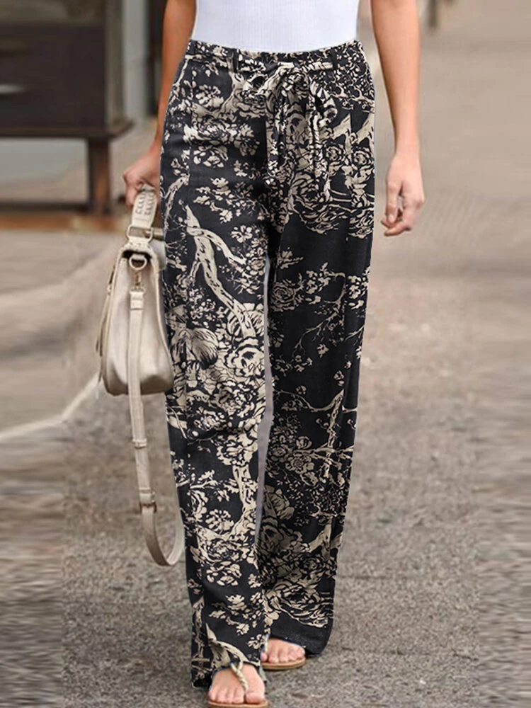 (image for)  Women Plus Size Casual Cotton Linen Retro Floral Print Elastic Waist Straight Pants with Side Pockets
