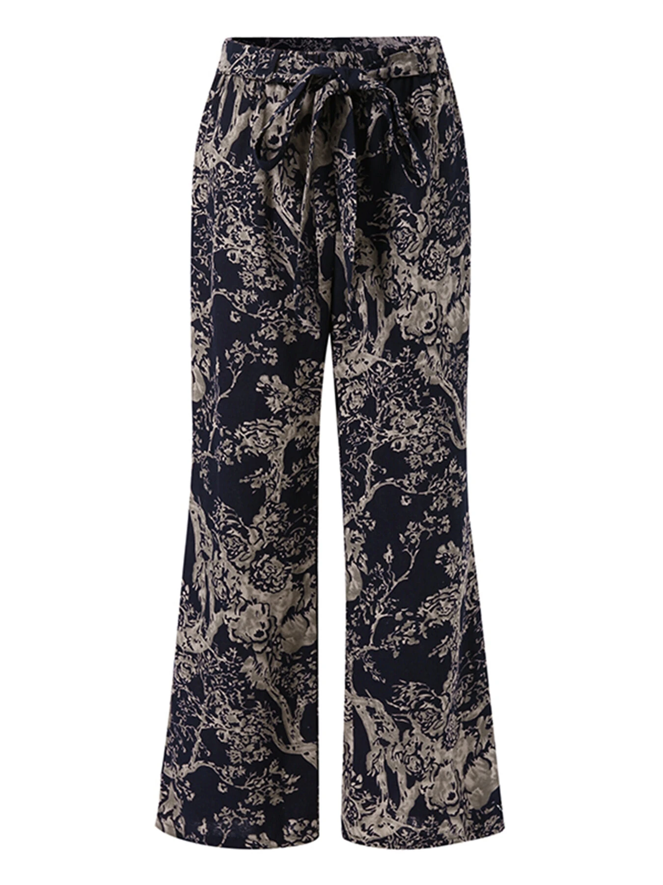 (image for)  Women Plus Size Casual Cotton Linen Retro Floral Print Elastic Waist Straight Pants with Side Pockets