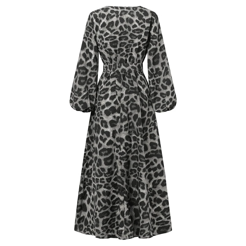 (image for)  Women Plus Size Leopard Print Long Dress V-Neck Puff Sleeve Lace-Up Maxi Dress For Women