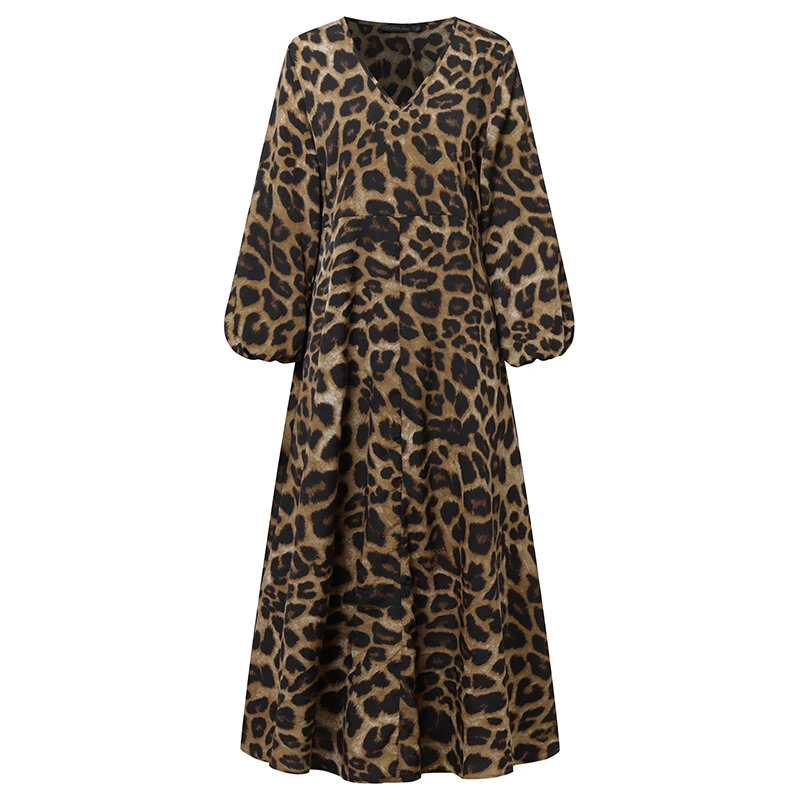 (image for)  Women Plus Size Leopard Print Long Dress V-Neck Puff Sleeve Lace-Up Maxi Dress For Women