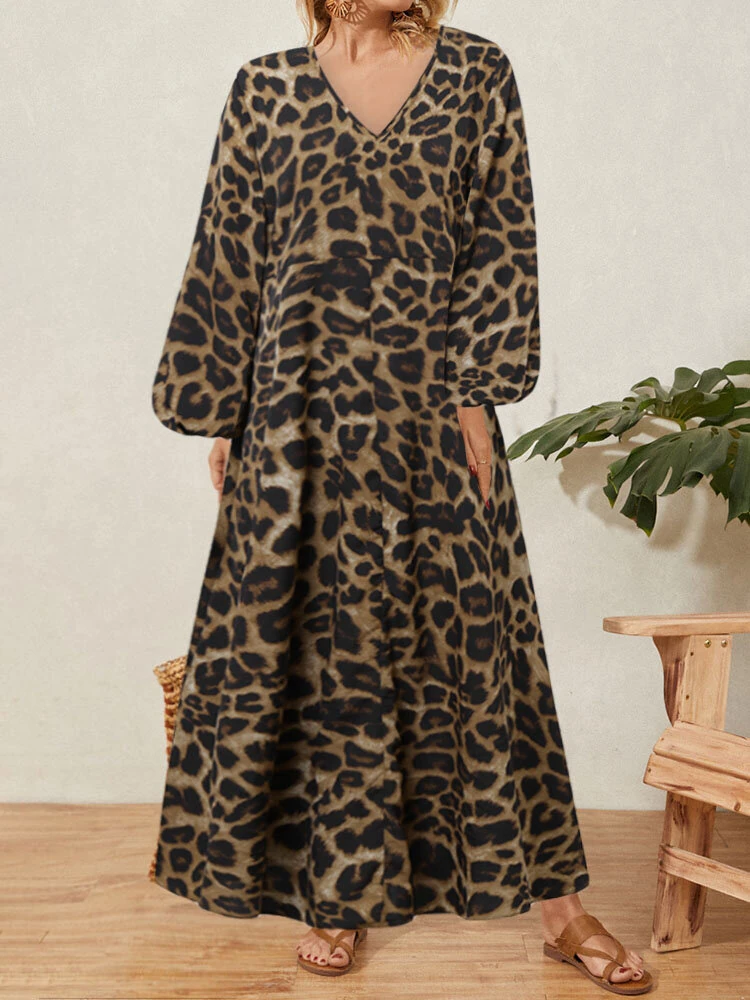 (image for)  Women Plus Size Leopard Print Long Dress V-Neck Puff Sleeve Lace-Up Maxi Dress For Women