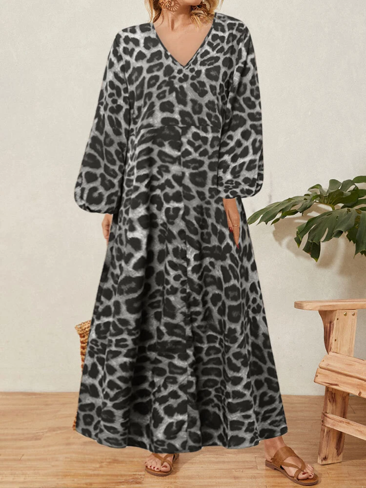 (image for)  Women Plus Size Leopard Print Long Dress V-Neck Puff Sleeve Lace-Up Maxi Dress For Women