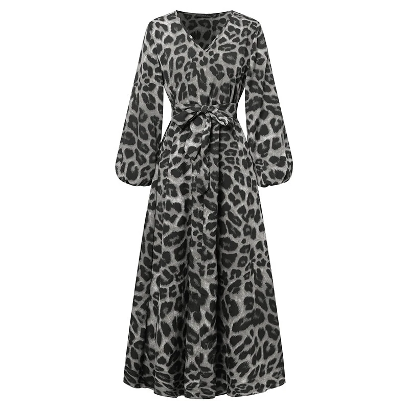 (image for)  Women Plus Size Leopard Print Long Dress V-Neck Puff Sleeve Lace-Up Maxi Dress For Women