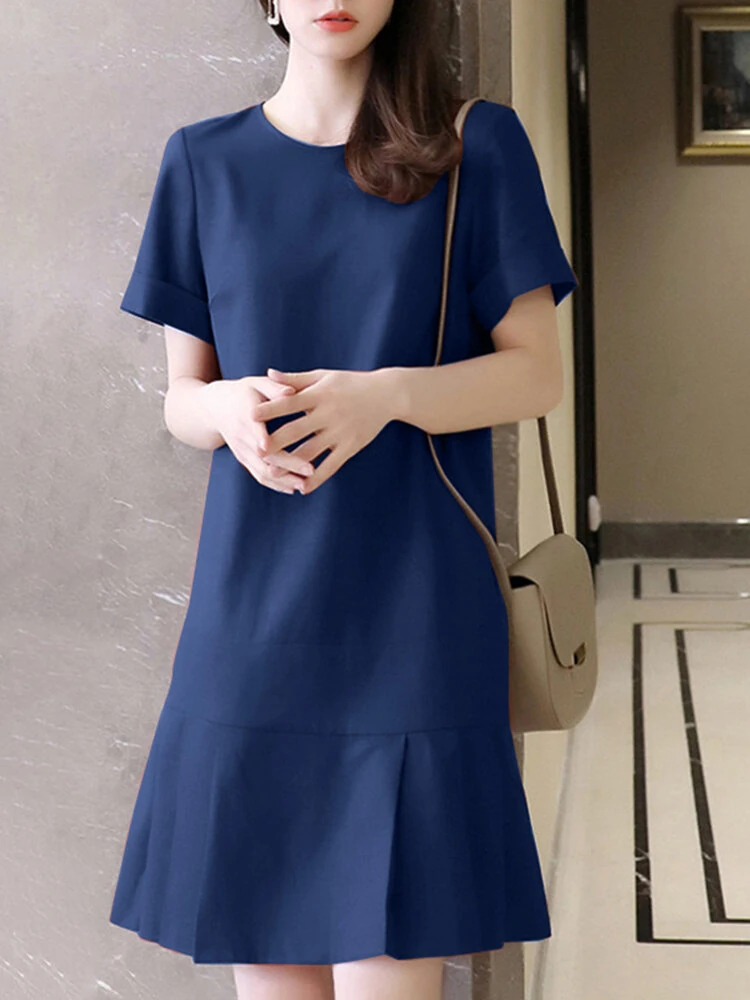 (image for)  Women Plus Size Solid Ruffle Hem Pocket Short Sleeve Crew Neck Casual Dress