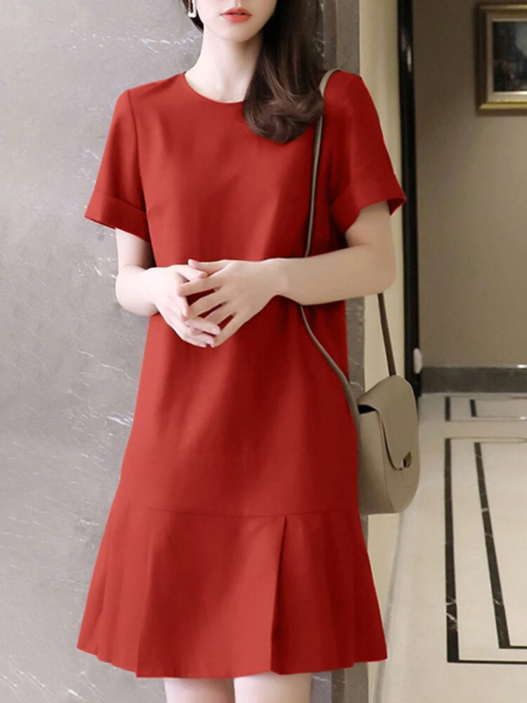 (image for)  Women Plus Size Solid Ruffle Hem Pocket Short Sleeve Crew Neck Casual Dress