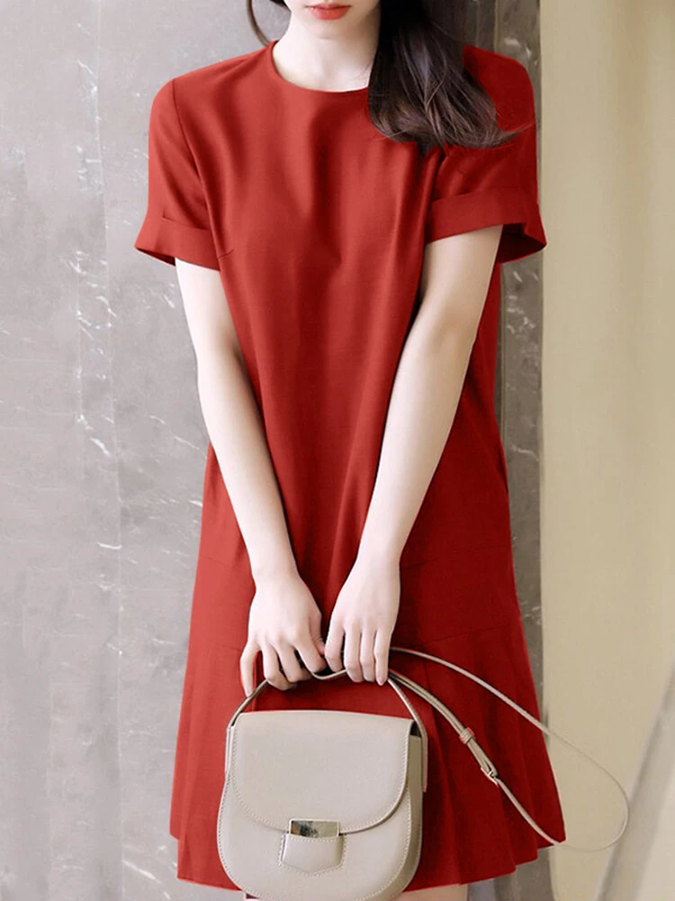 (image for)  Women Plus Size Solid Ruffle Hem Pocket Short Sleeve Crew Neck Casual Dress