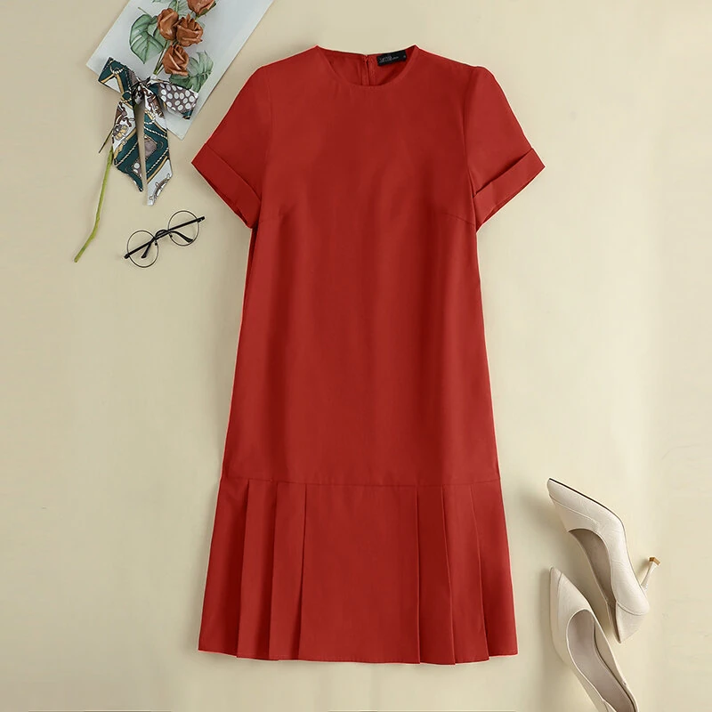 (image for)  Women Plus Size Solid Ruffle Hem Pocket Short Sleeve Crew Neck Casual Dress