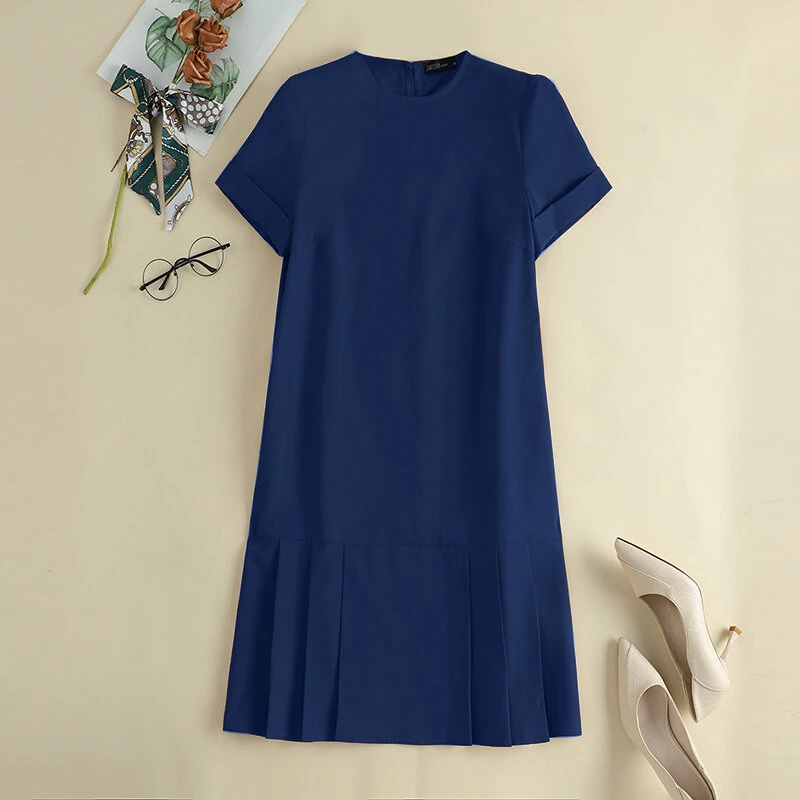 (image for)  Women Plus Size Solid Ruffle Hem Pocket Short Sleeve Crew Neck Casual Dress