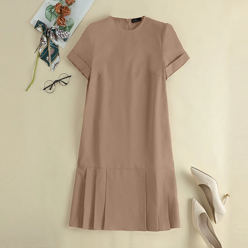 (image for)  Women Plus Size Solid Ruffle Hem Pocket Short Sleeve Crew Neck Casual Dress