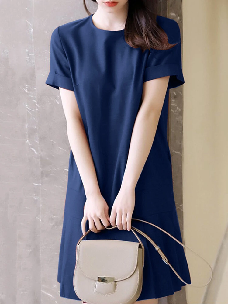 (image for)  Women Plus Size Solid Ruffle Hem Pocket Short Sleeve Crew Neck Casual Dress