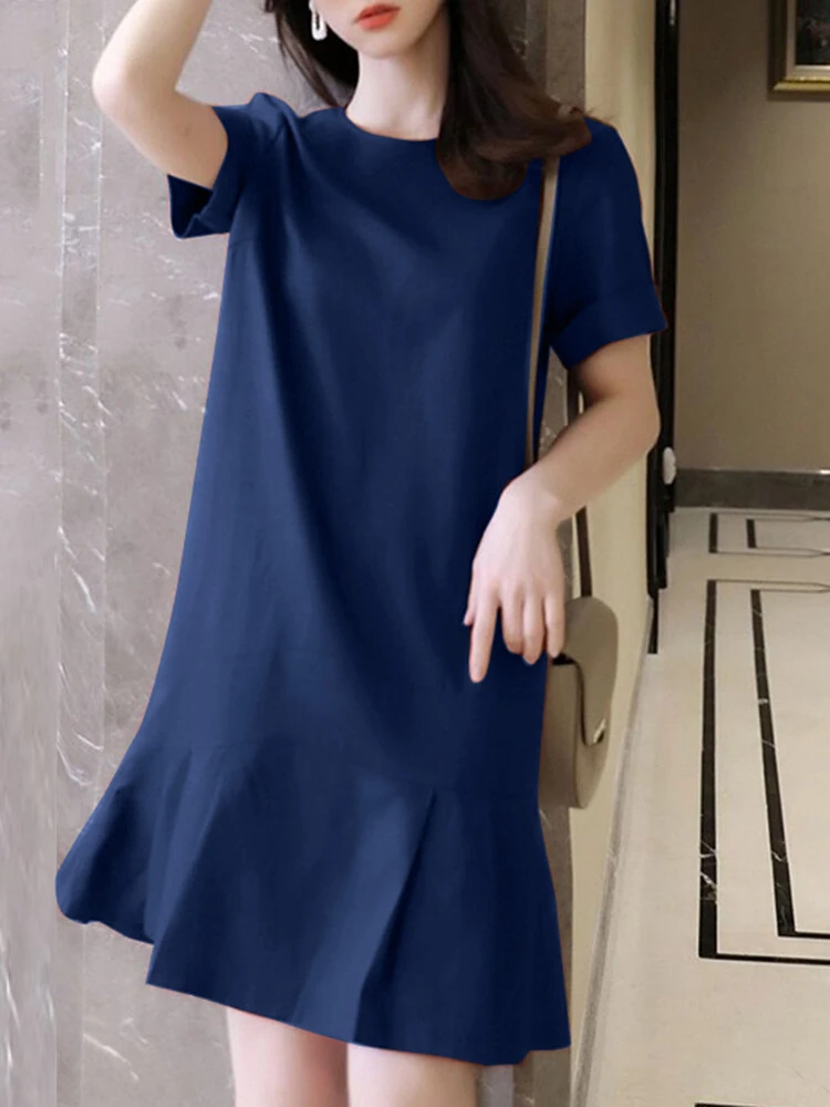 (image for)  Women Plus Size Solid Ruffle Hem Pocket Short Sleeve Crew Neck Casual Dress