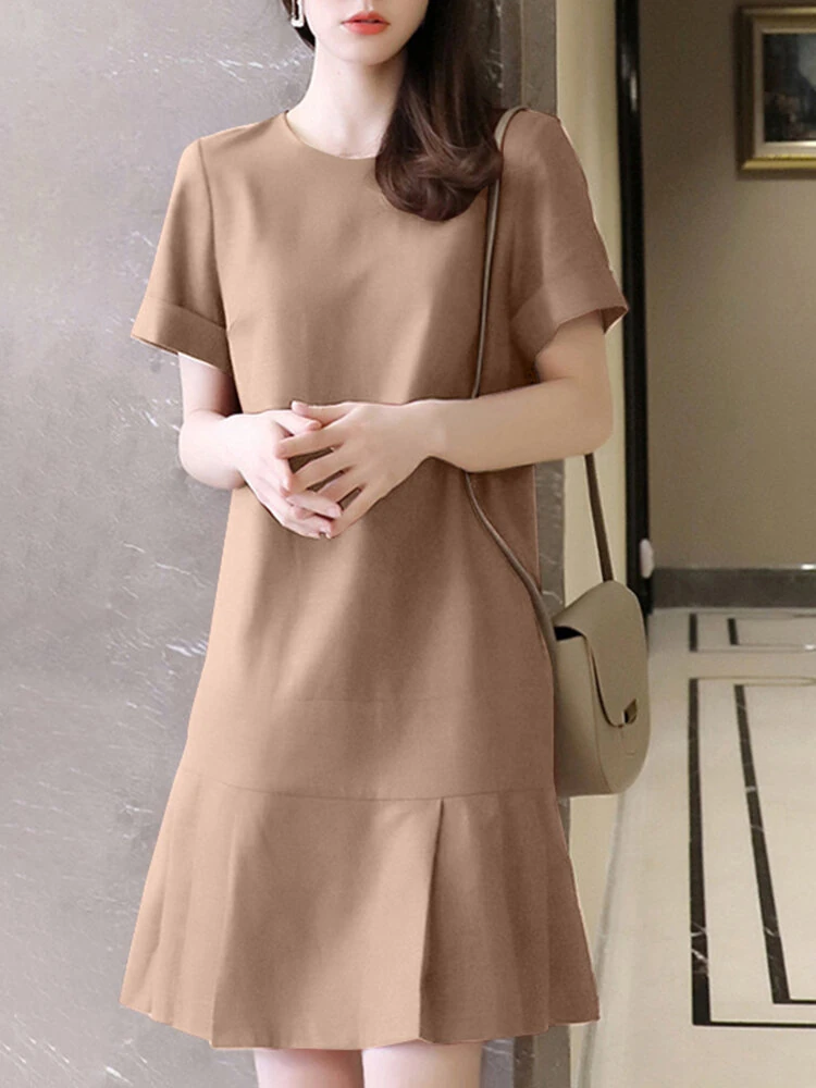 (image for)  Women Plus Size Solid Ruffle Hem Pocket Short Sleeve Crew Neck Casual Dress