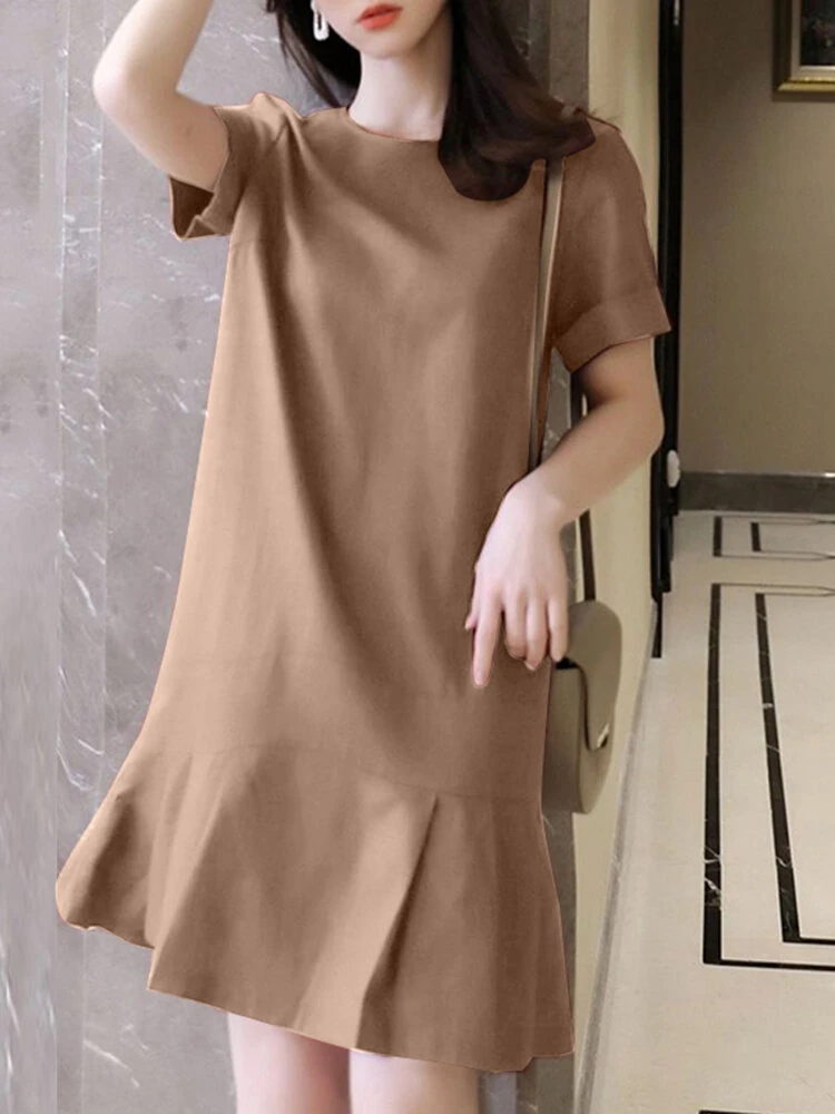 (image for)  Women Plus Size Solid Ruffle Hem Pocket Short Sleeve Crew Neck Casual Dress