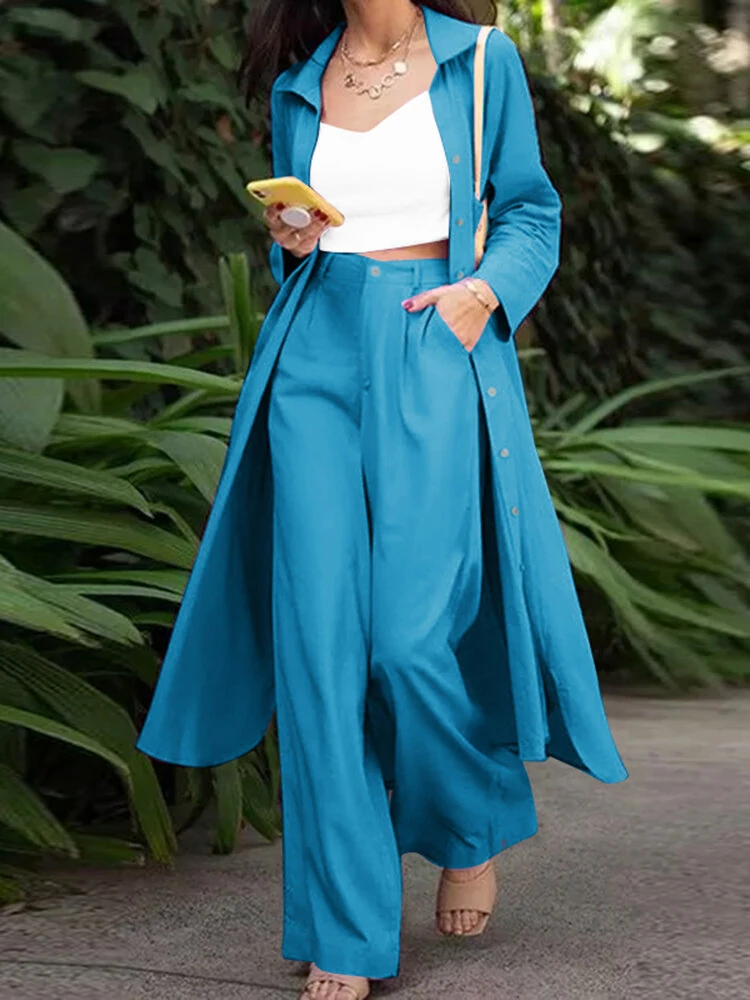 (image for)  Women Plus Size Two Set Solid Button Lapel Long Sleeve Long Blouses and Pant Two Pieces Set