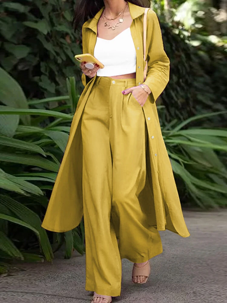 (image for)  Women Plus Size Two Set Solid Button Lapel Long Sleeve Long Blouses and Pant Two Pieces Set