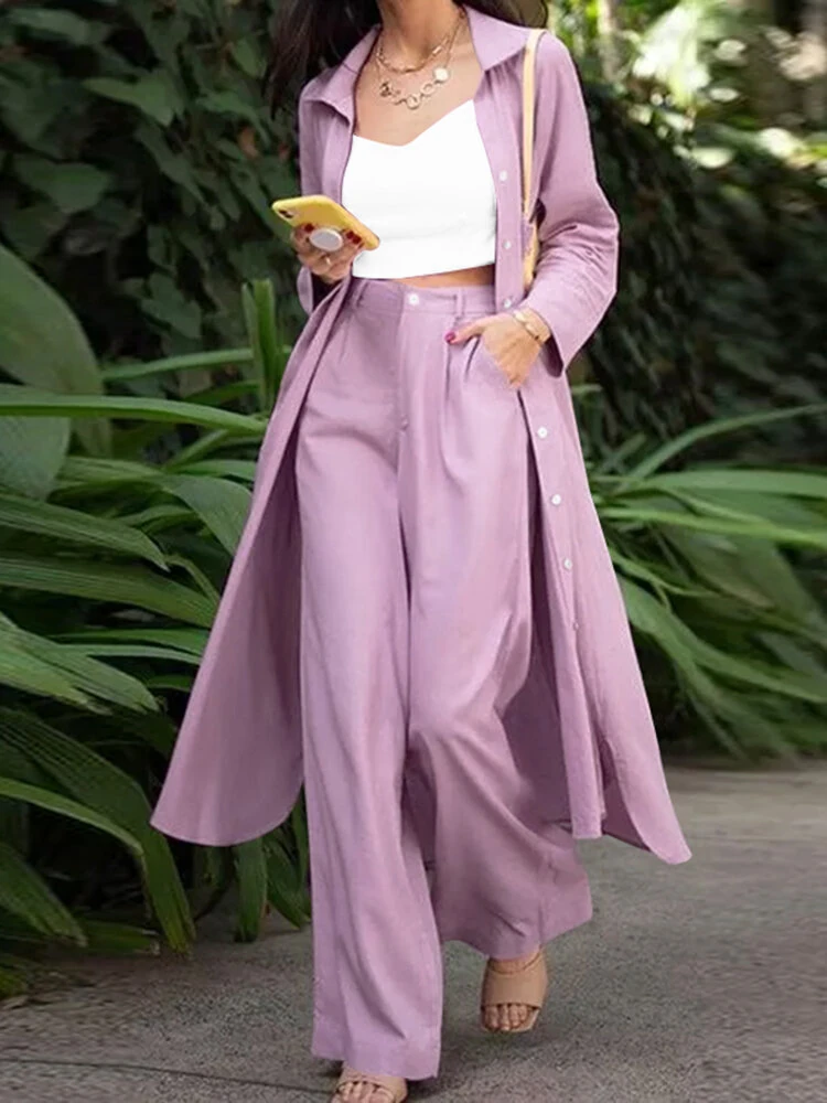 (image for)  Women Plus Size Two Set Solid Button Lapel Long Sleeve Long Blouses and Pant Two Pieces Set