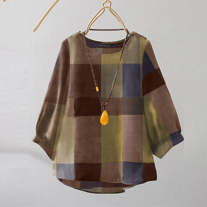 (image for)  Women Retro Casual 3/4 Sleeve O Neck Shirt Top Plaid Loose Summer Ladylike Blouses