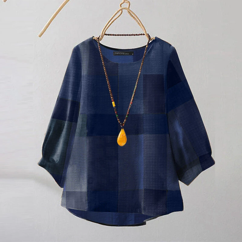 (image for)  Women Retro Casual 3/4 Sleeve O Neck Shirt Top Plaid Loose Summer Ladylike Blouses