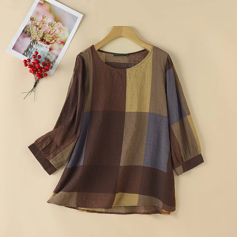 (image for)  Women Retro Casual 3/4 Sleeve O Neck Shirt Top Plaid Loose Summer Ladylike Blouses