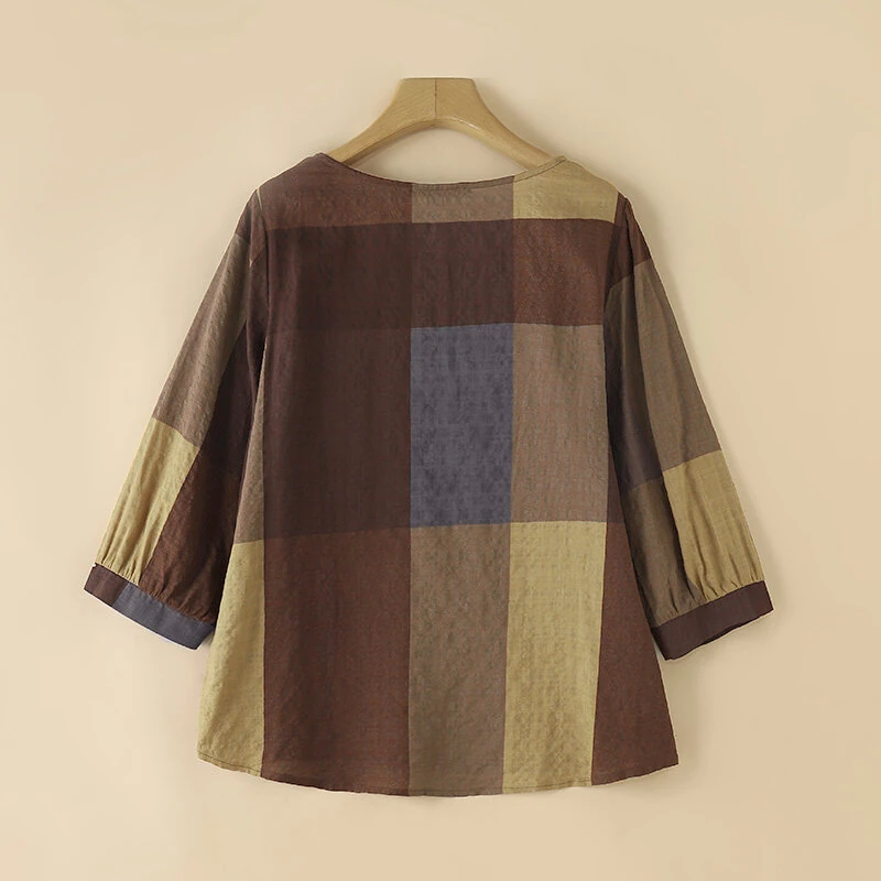 (image for)  Women Retro Casual 3/4 Sleeve O Neck Shirt Top Plaid Loose Summer Ladylike Blouses